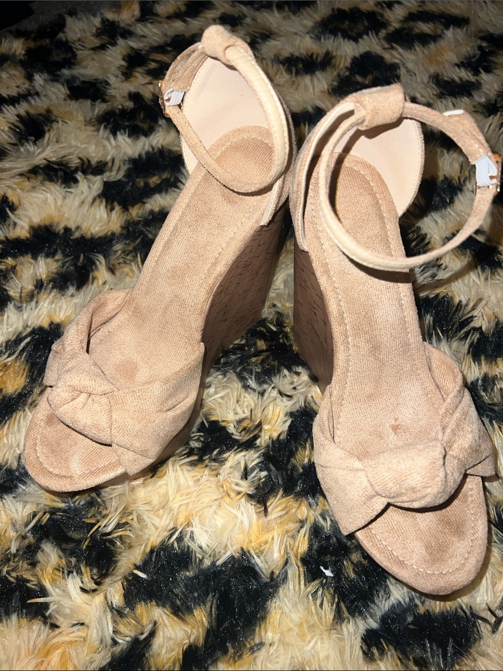 Womens Nude Suede Ankle-Strap Wedge Sandals